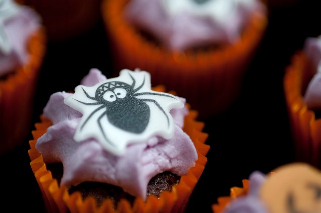 small halloween cup cake decorated with a spider motif