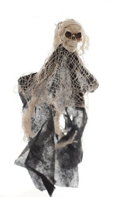 Skull with scraggly hair as Halloween spirit with netting and dark dress puppet over white background
