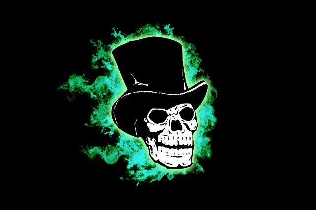 skull in a wearing a black top hat, with green ghostly flames