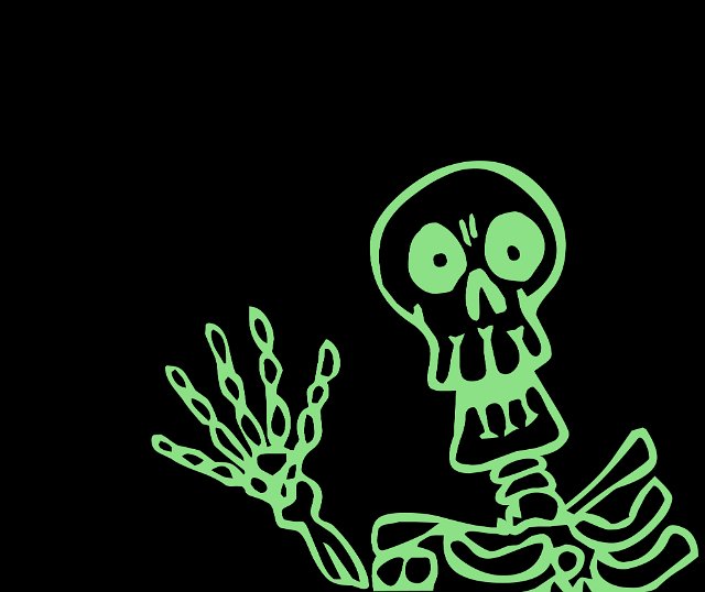 a happy green skeleton with a waving hand