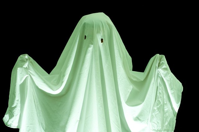 fancy dress ghost lit with spooky green light from below